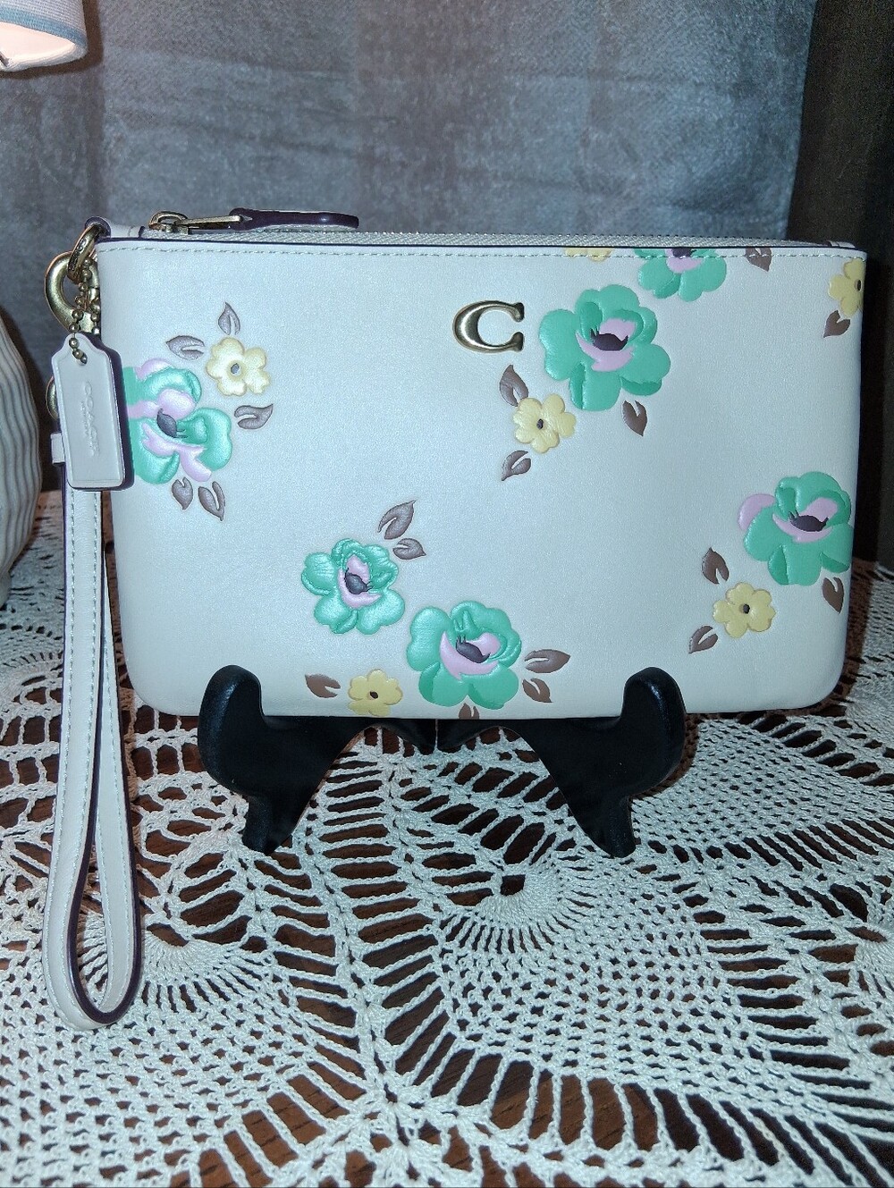 Gorgous Rare Coach Floral Wristlet in Light Pink with Mint & Yellow Accents